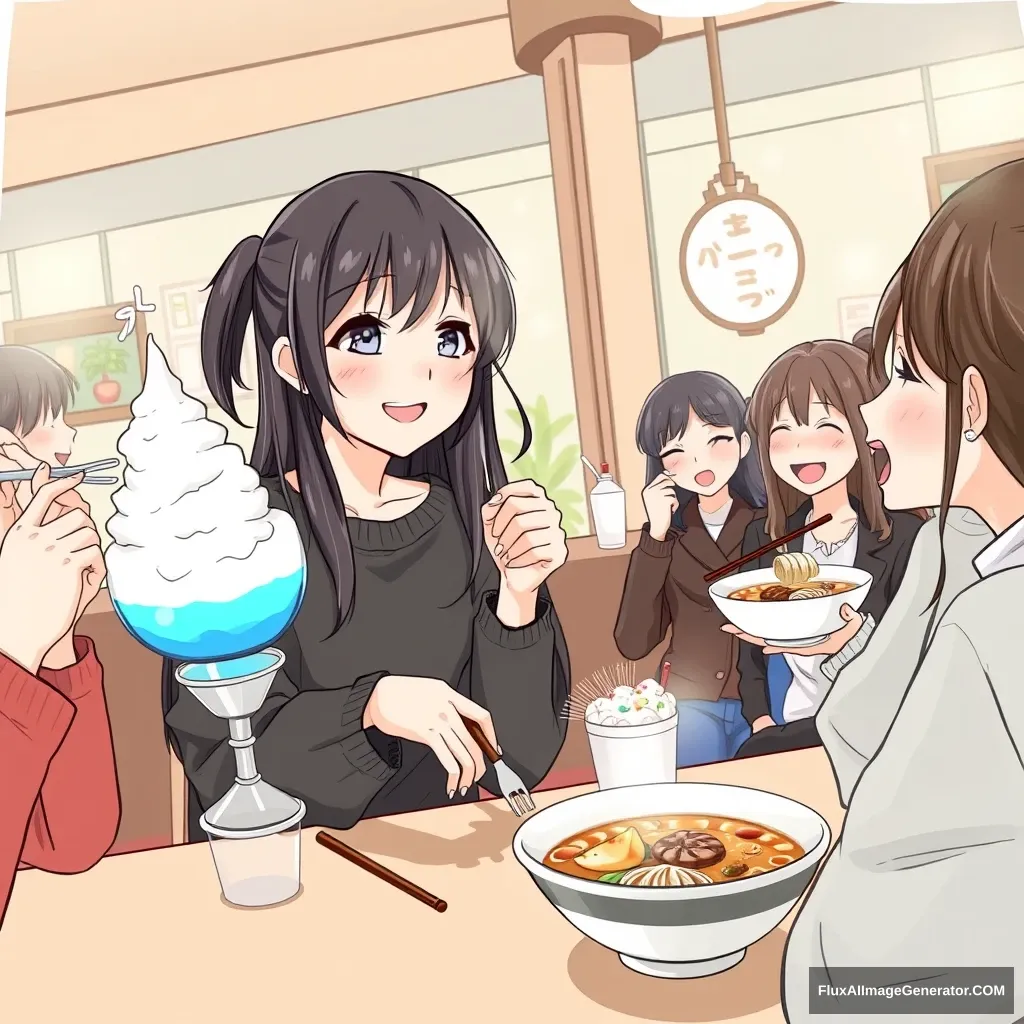 "Draw a scene of a Japanese female student having a fun party with her friends at a café, eating shaved ice and Japanese ramen. Make it clear that it’s a Breakpoint Café."