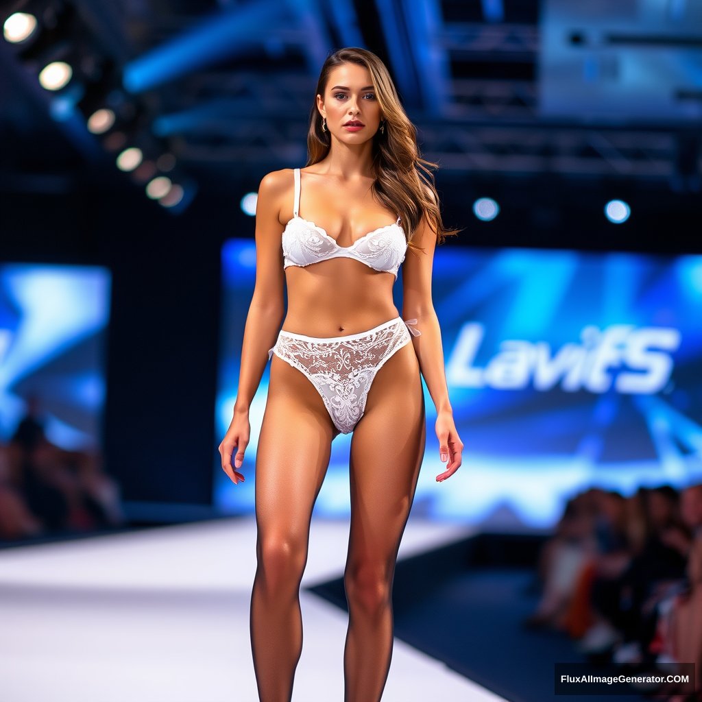 Underwear model on runway for a fashion show. Wearing pantyhose. - Image