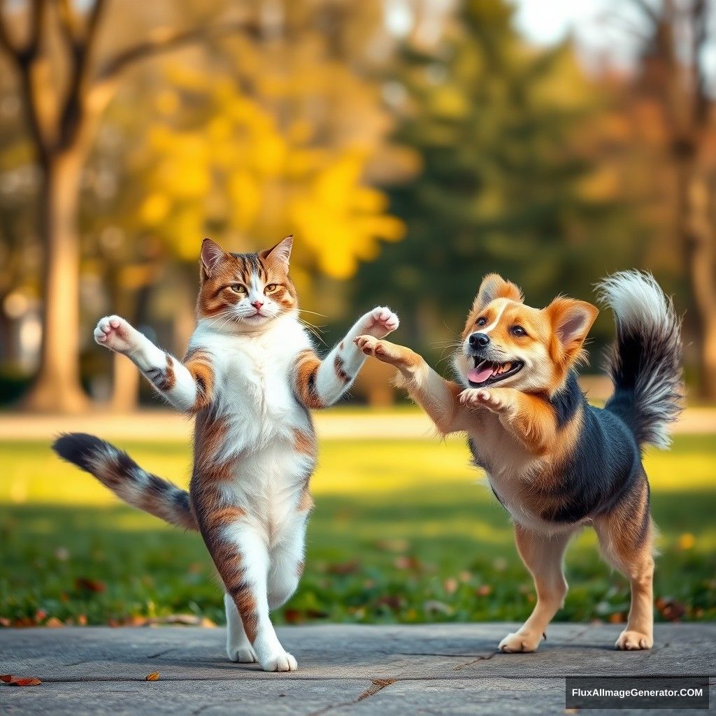 A whimsical dance duo of a playful cat and an amused dog, set against a backdrop of a sunlit park. The cat, with its graceful movements, is mid-dance, while the dog, with a wagging tail, is eagerly following suit. The scene is filled with laughter and joy, as the two animals dance together, creating a heartwarming spectacle.