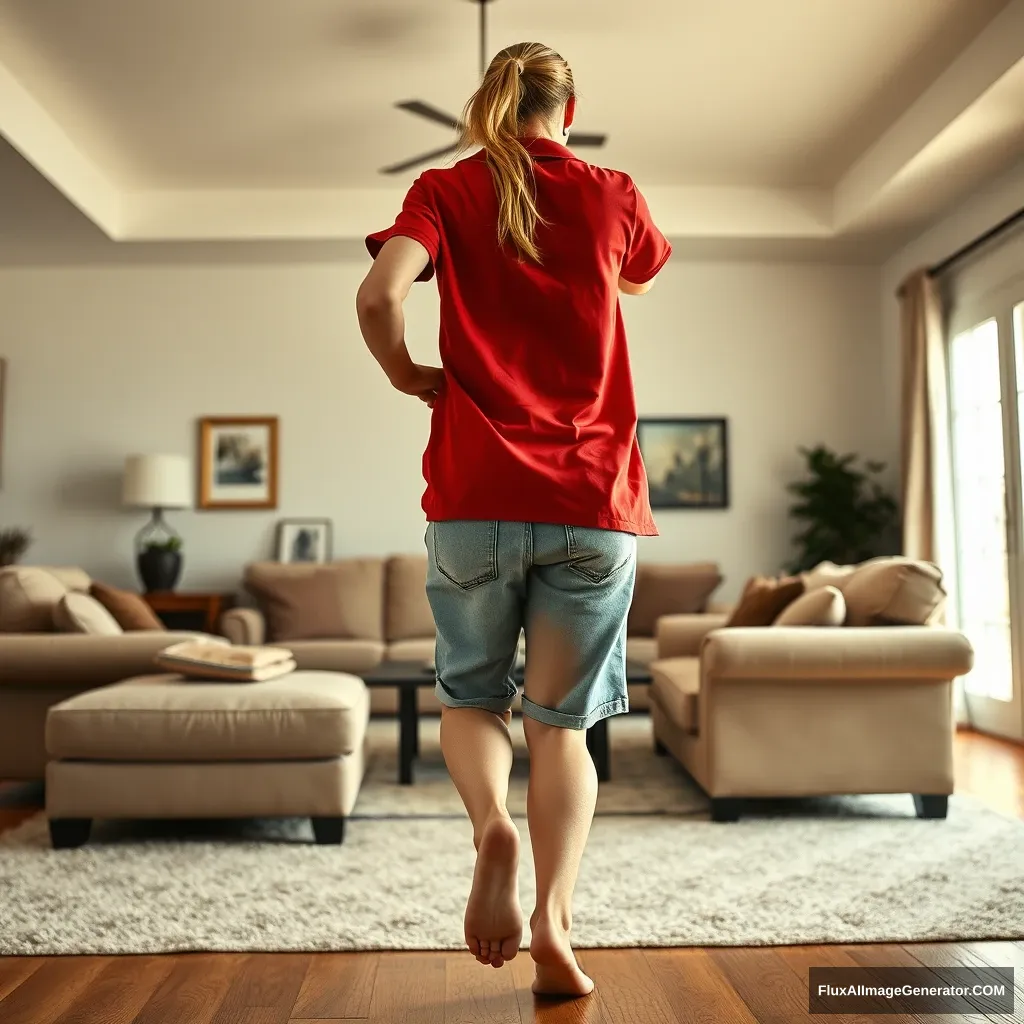 Back angle of a skinny blonde woman in her massive living room, wearing a massively oversized red polo t-shirt that is slightly off balance on one shoulder, along with oversized light blue denim shorts that aren’t rolled up. She is not wearing shoes or socks, and she faces the camera while getting off her chair and running towards it.