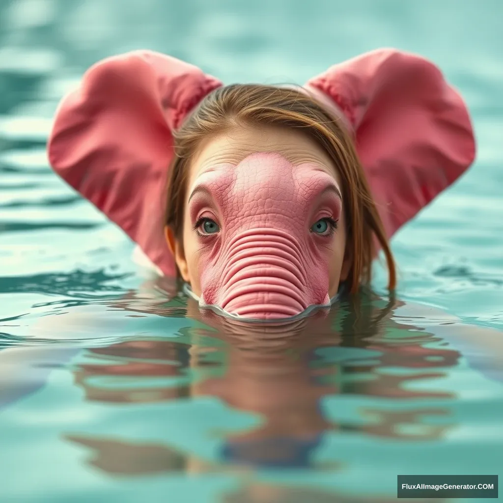 A woman poked her head out of the water and saw a strange pink elephant slide floating in the water. The elephant's eyes looked at her strangely, with the camera tilted and the depth of field blurred.