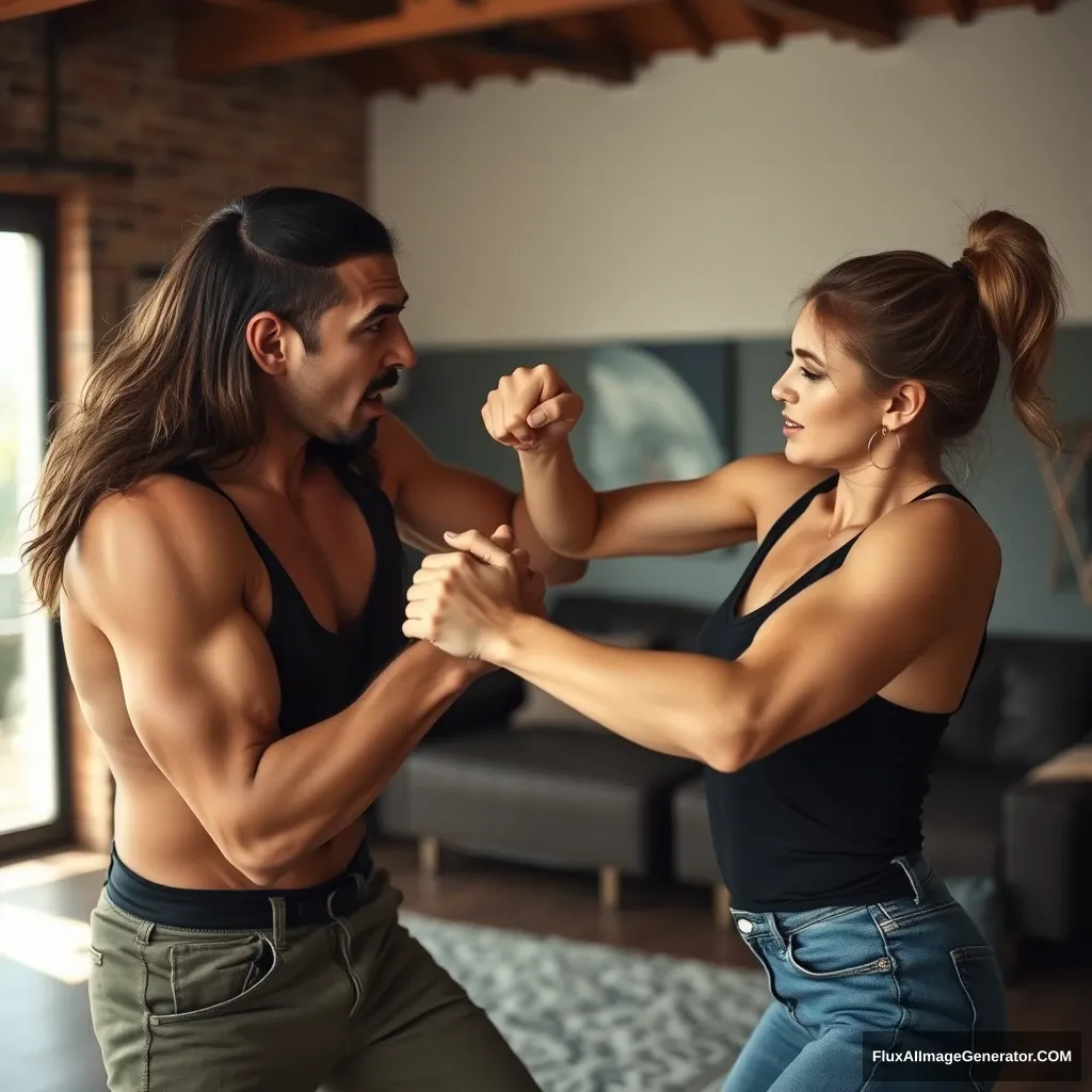 A pretty small delicate and slim lady is fighting her much bigger and muscular boyfriend in a casual fight. She is completely in control, defeating and beating him badly and completely. She is throwing a hard punch at him that makes him stumble; he looks defenseless, close to falling unconscious.