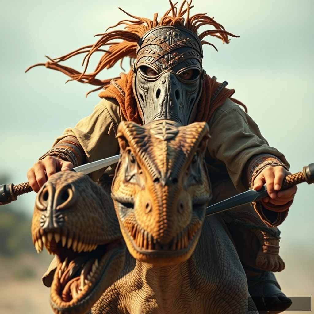 Close-up shot of an ancient Mongolian warrior's face, covered with a leather mask, riding towards the viewer on the back of a running T-rex dinosaur at a galloping speed, holding a Mongolian sword in each hand. - Image