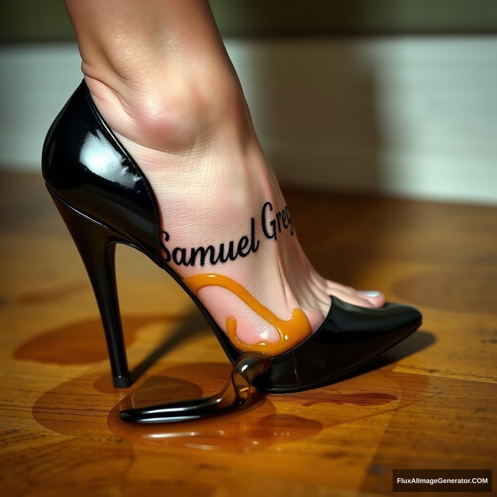 The name "Samuel Greg" on a woman's foot in a black high heel. There is oil all over the foot. - Image