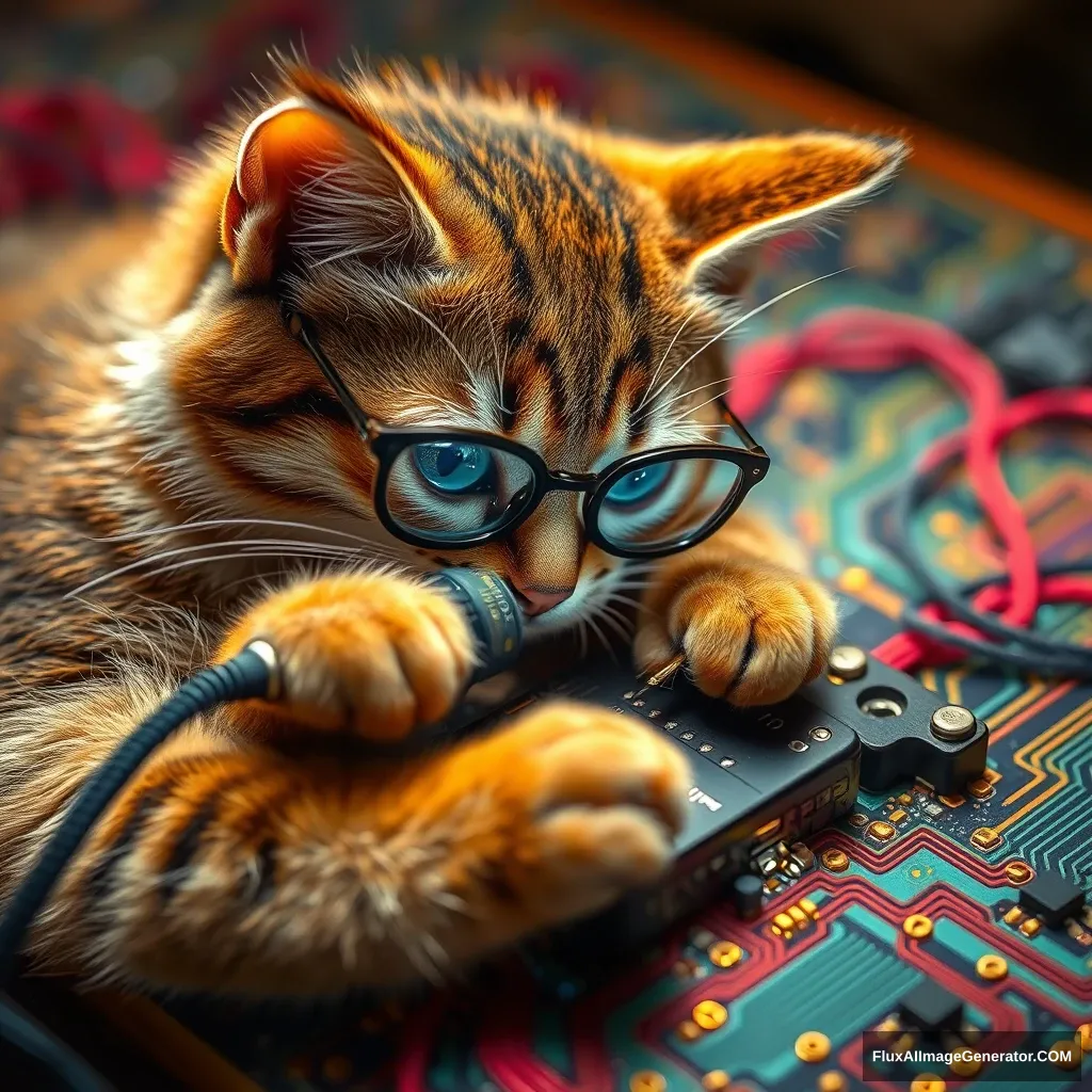 A mischievous tabby cat, wearing tiny spectacles, meticulously solders a circuit board with an iron. Vibrant threads weave intricate patterns, mimicking electronic pathways. Warm lighting. Delicate French knots form components. Style: Hyper-realistic embroidery art, blending traditional craftsmanship with modern technology. - Image