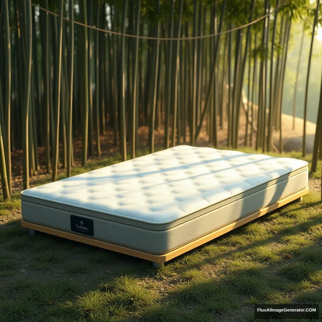 C4D, realistic rendering, a product image, product type is mattress, outdoors, product name is “Suibao Mattress,” bamboo forest, morning light. - Image