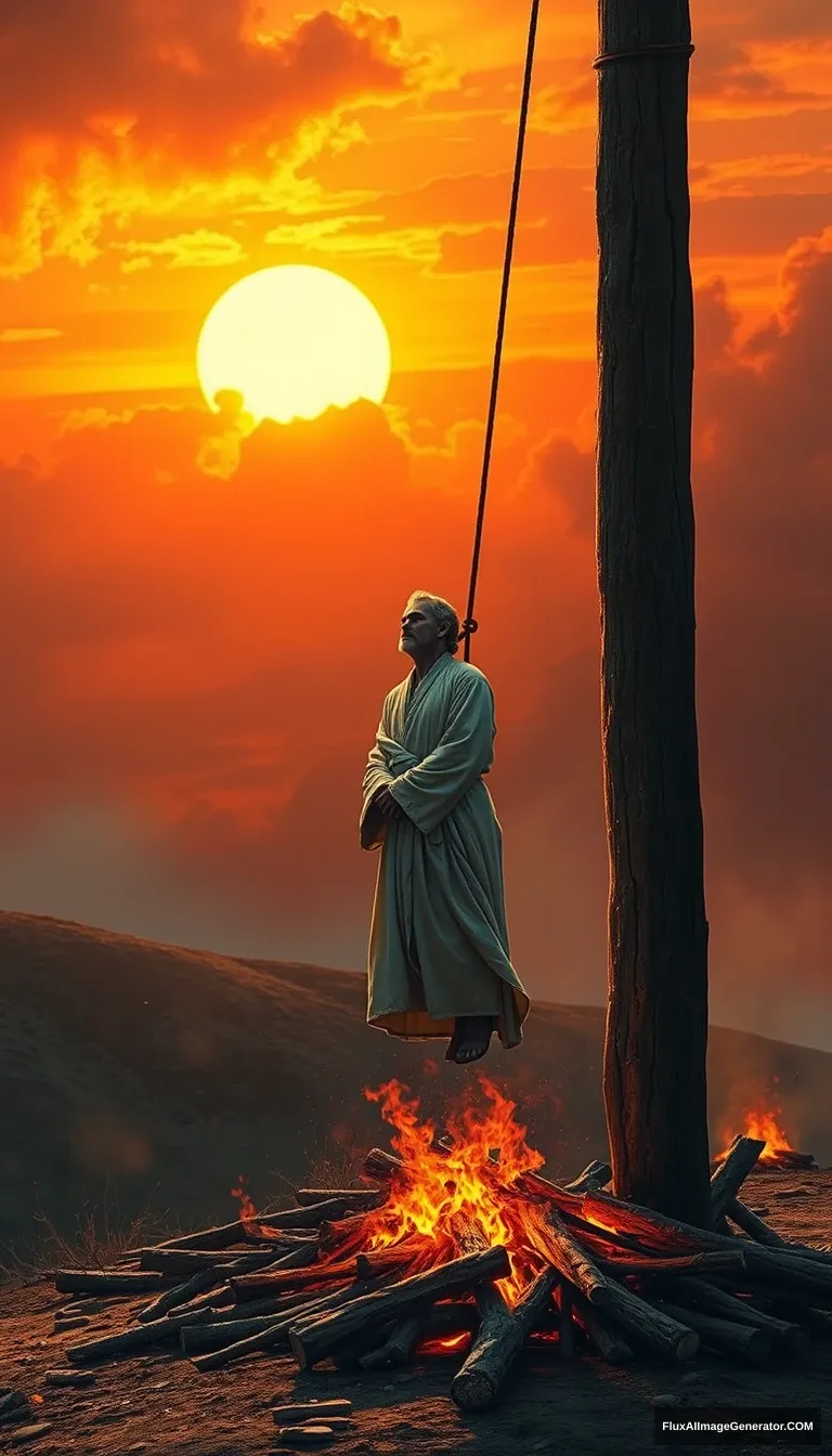 A lone figure, dressed in a white robe, is tied to a towering wooden pole on a barren hilltop. The sky is ablaze with the orange and red of a sunset, a large fire burning through the pile of wood beneath his feet, his clothes burning. The figure's face is turned toward the sky, his expression calm and accepting. Dramatic lighting, cinematic, highly detailed, digital painting. - Image