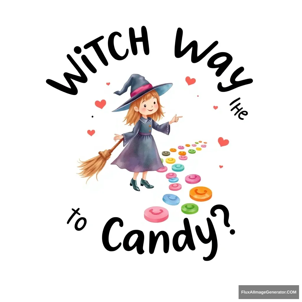 A vector t-shirt design of a cute watercolor-style illustration of a witch holding a broom, pointing towards a path made of candy, with the text 'Witch Way to the Candy?' on a white background. - Image