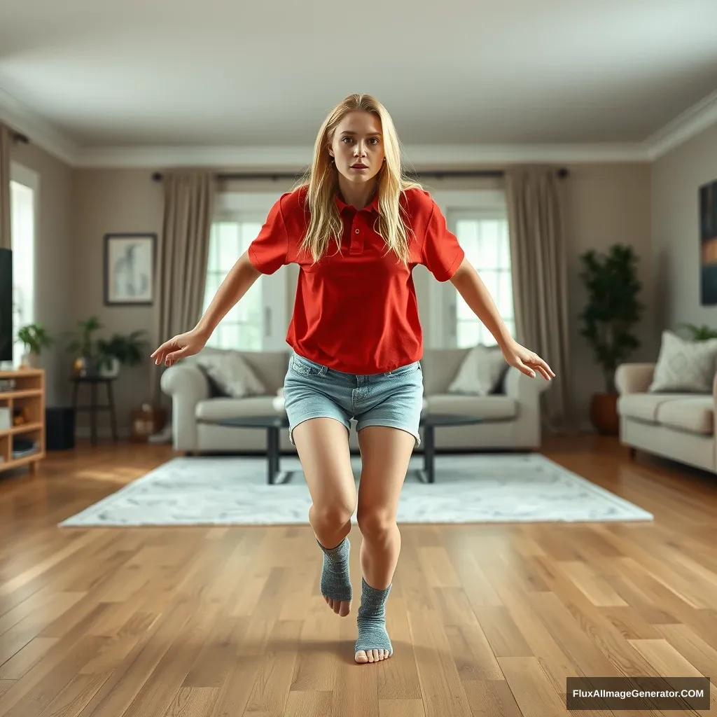 Front view of a skinny blonde woman in her early twenties is in her large living room wearing a massively oversized red polo t-shirt, which is quite unbalanced on one shoulder and also untucked. She is also wearing light blue denim shorts, no shoes, and messy grey socks. She faces the camera looking scared and runs towards it with both her arms straight down. - Image