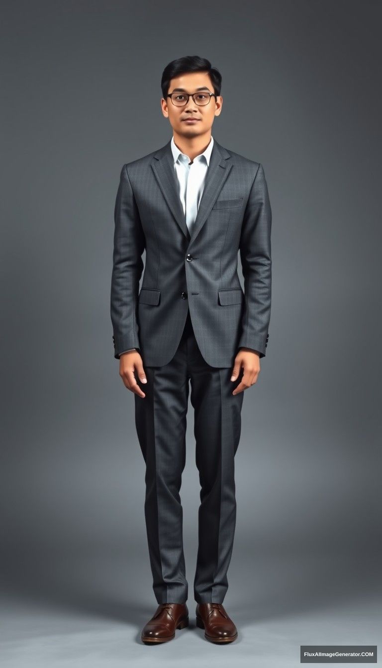 An Asian man, standing posture, hands naturally down, wearing a suit and dress pants, wearing leather shoes, full body photo, facing the camera, high definition quality, 8K resolution.