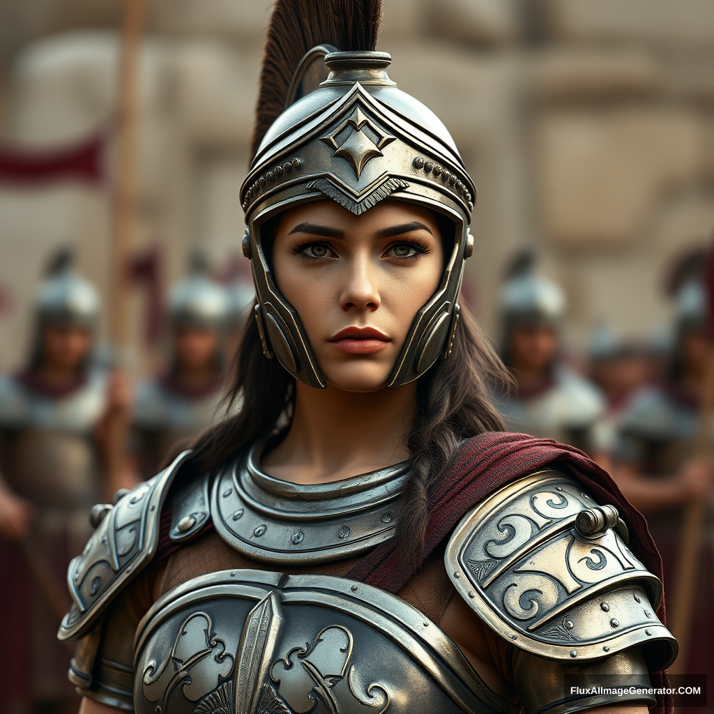 woman in ancient Greek armor, full-length, in the lens the whole body from head to toe, full photorealism, realistic facial skin, 8k - Image