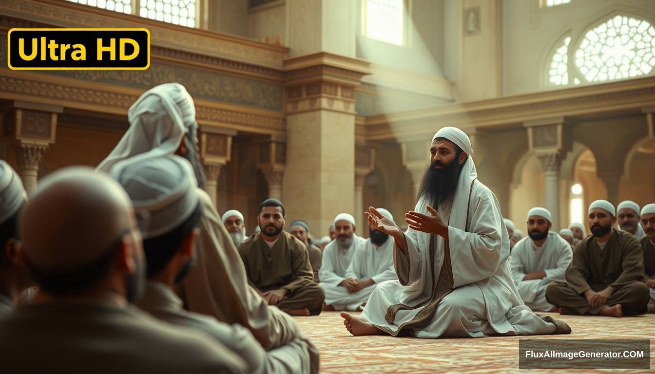 Prophet Muhammad (Peace Be Upon Him) addressing his companions in a mosque, explaining the signs of Dajjal. The scene is filled with calm yet serious expressions, emphasizing the importance of the message. Ultra HD, realistic, respectful, with soft and cinematic lighting. - Image