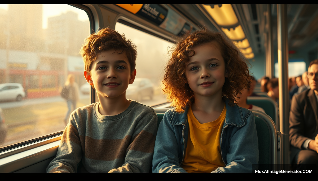 1 boy and girl, sitting, train, curly hair, golden hours, high quality, aerial view, people, crowd, ((focus on girl and boy)) BREAK looking at viewer - Image