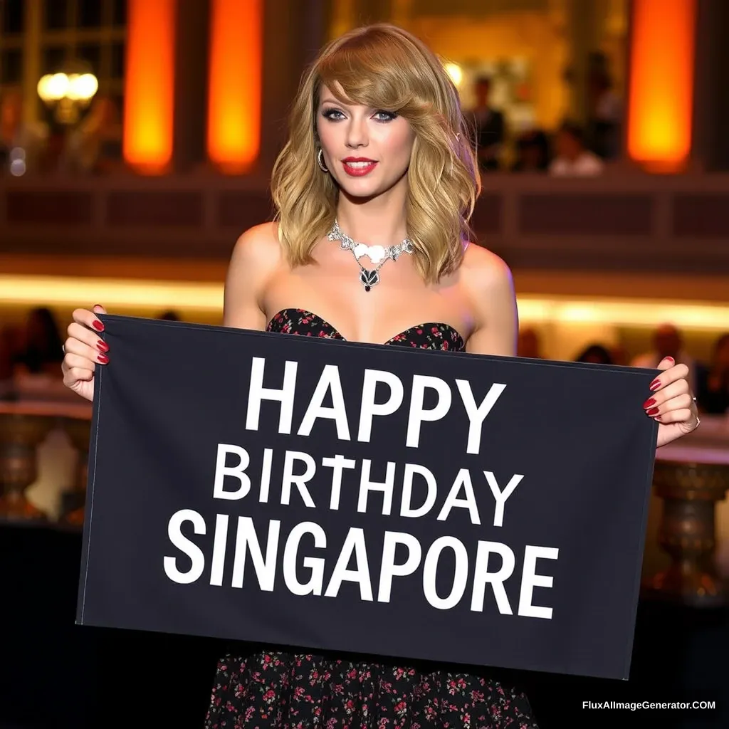 Taylor Swift holding a banner that says “Happy Birthday Singapore”