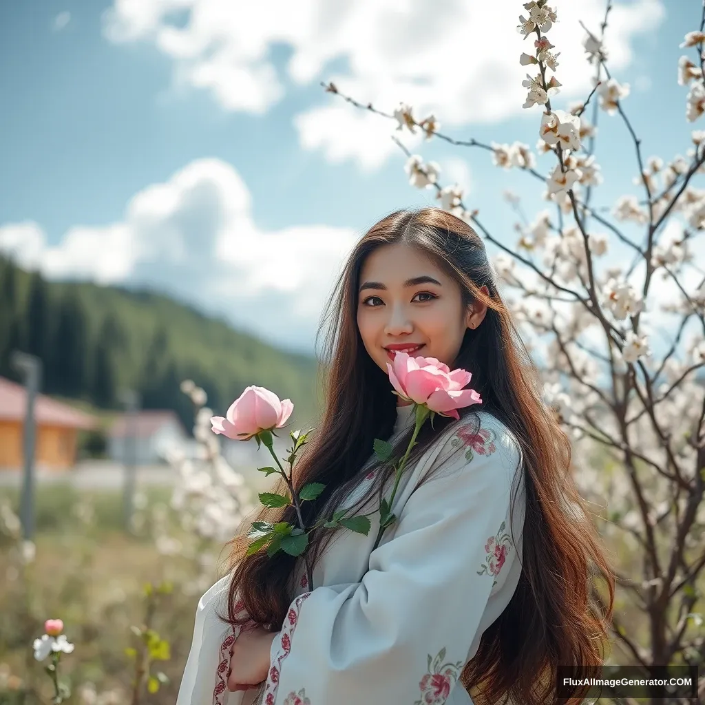 "In the embrace of spring, the maiden gently opens her heart,  
Like a newly blossomed rose, bashful yet smiling,  
Her eyes, clear as the mountain spring,  
Reflect the clouds in the sky, gentle and distant."