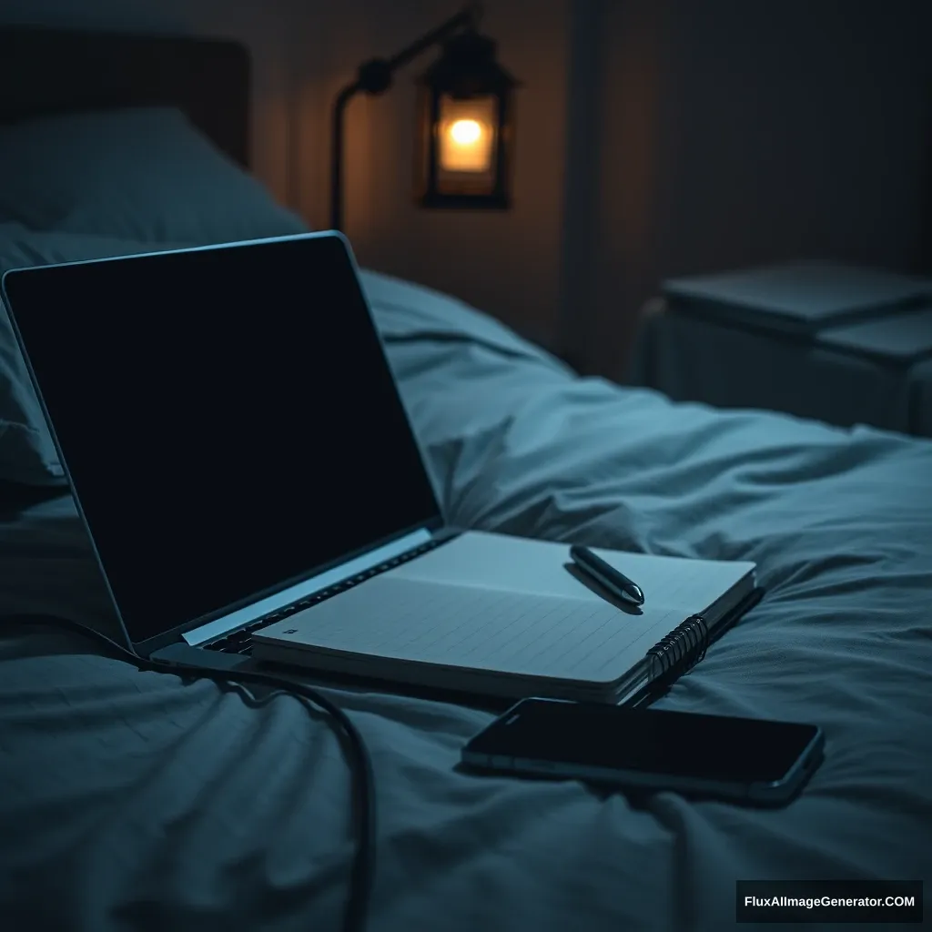 On a laptop, notebook, a pen, phone, on the bed, hyper-realistic, studio photography, lantern light, gloomy.