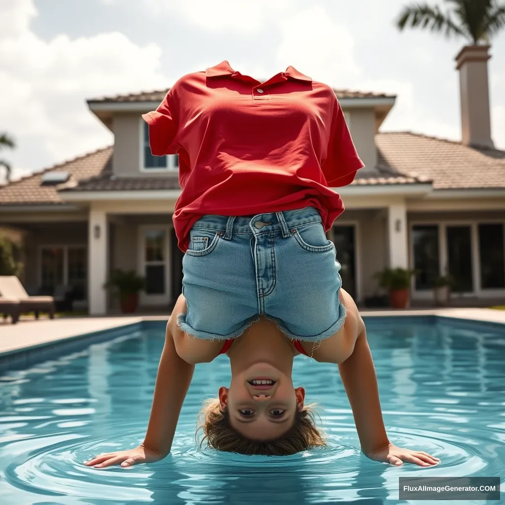 Front view of a young blonde skinny woman who has a good tan is in her early twenties in her massive backyard wearing a massively oversized red polo t-shirt that is slightly off balance on one of the shoulders; her collar and the bottom part of her t-shirt are not tucked in. She is also wearing half big-sized light blue denim shorts and no shoes or socks. She accidentally falls into the pool upside down, with her head in the water.