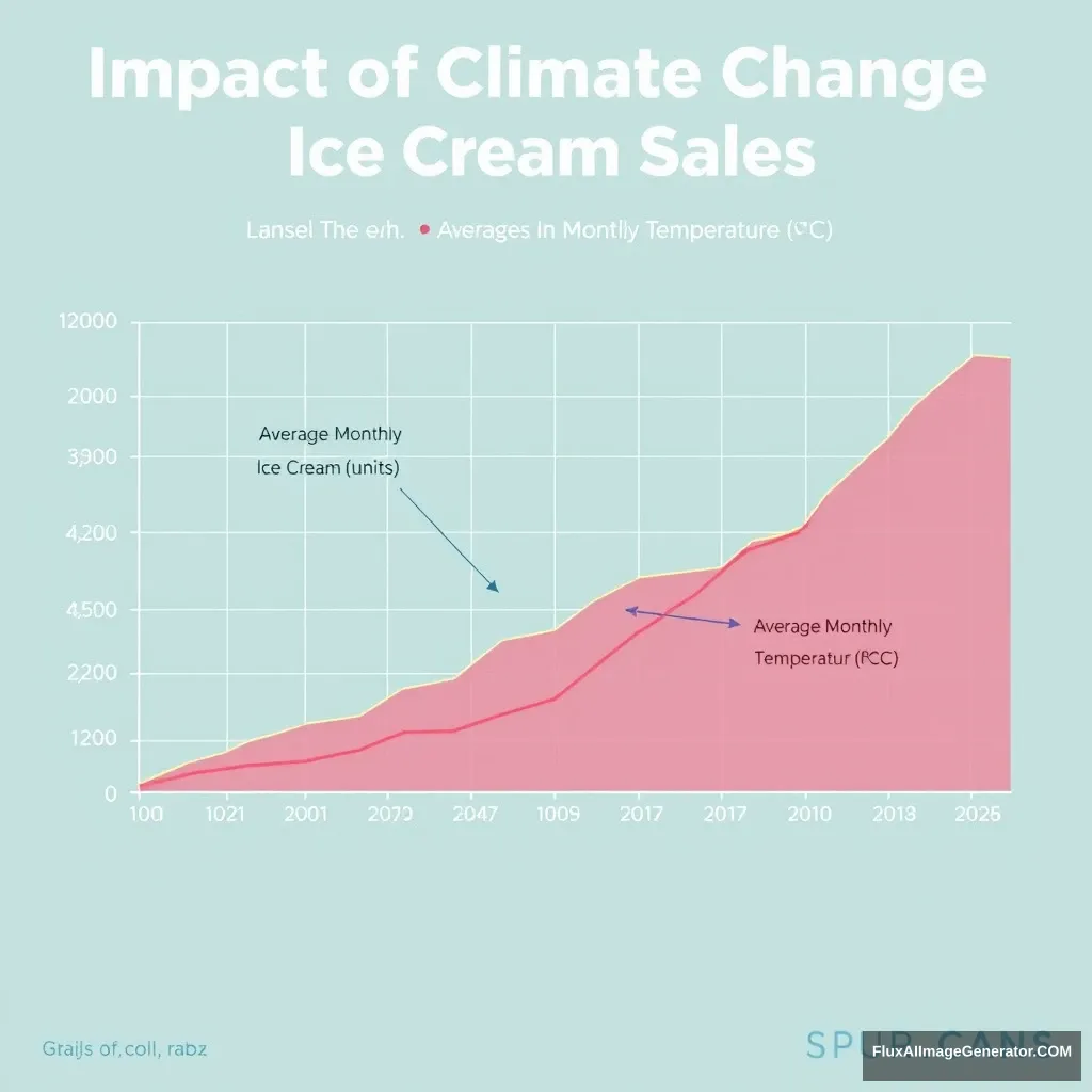 1. Title: ‘Impact of Climate Change on Ice Cream Sales’  
2. X-axis: ‘Year’ with labels for each year from 2003 to 2023.  
3. Y-axis on the left: ‘Average Monthly Ice Cream Sales (in units)’ with appropriate scale.  
4. Y-axis on the right: ‘Average Monthly Temperature (°C)’ with appropriate scale.  
5. Two data series: one line for ice cream sales and another for temperature.  
6. Legend identifying the two data series.  
7. Clear, distinguishable colors for each data series.  
8. Gridlines for better readability.  
9. Annotation for significant events (e.g., heatwaves, major climate agreements) that may have impacted sales or temperature.