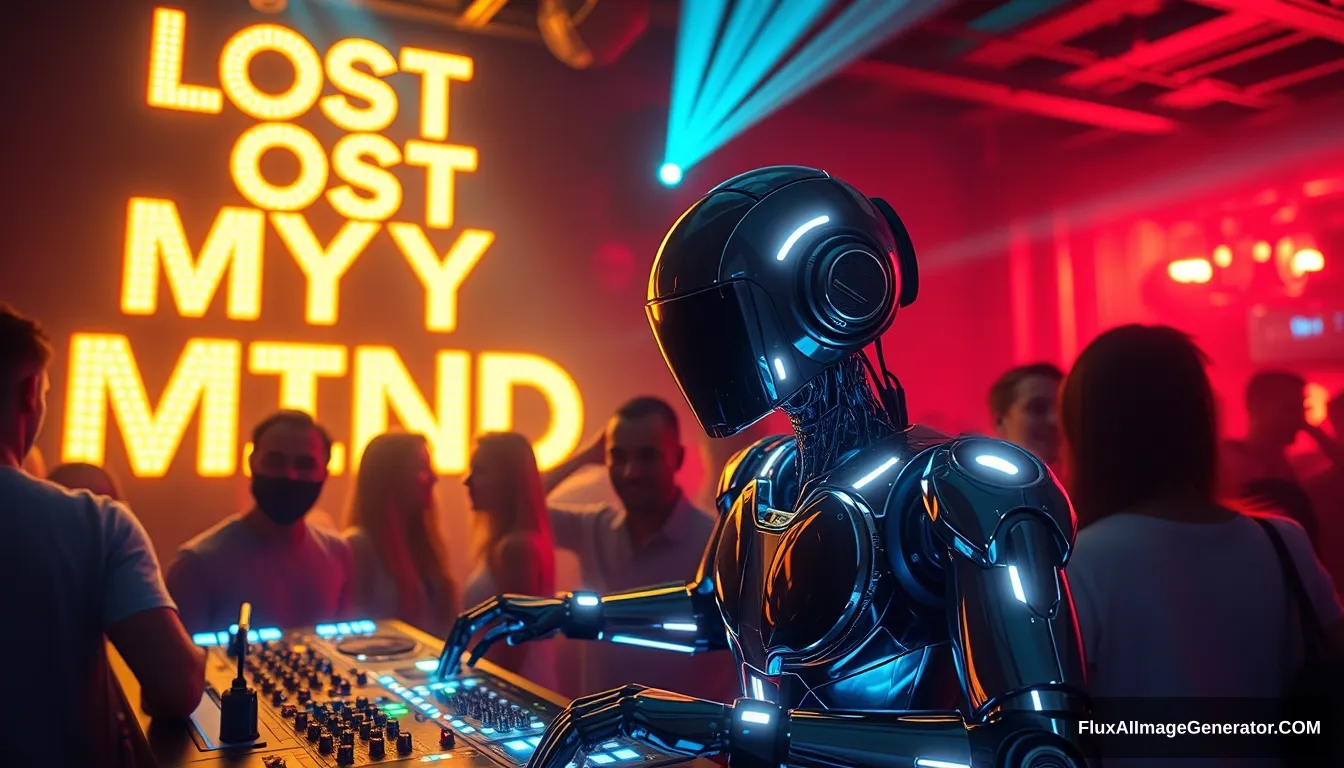 Lost my mind in the club, people dancing, glowing 3D text saying "Lost My Mind", Robot DJ Technosapien.