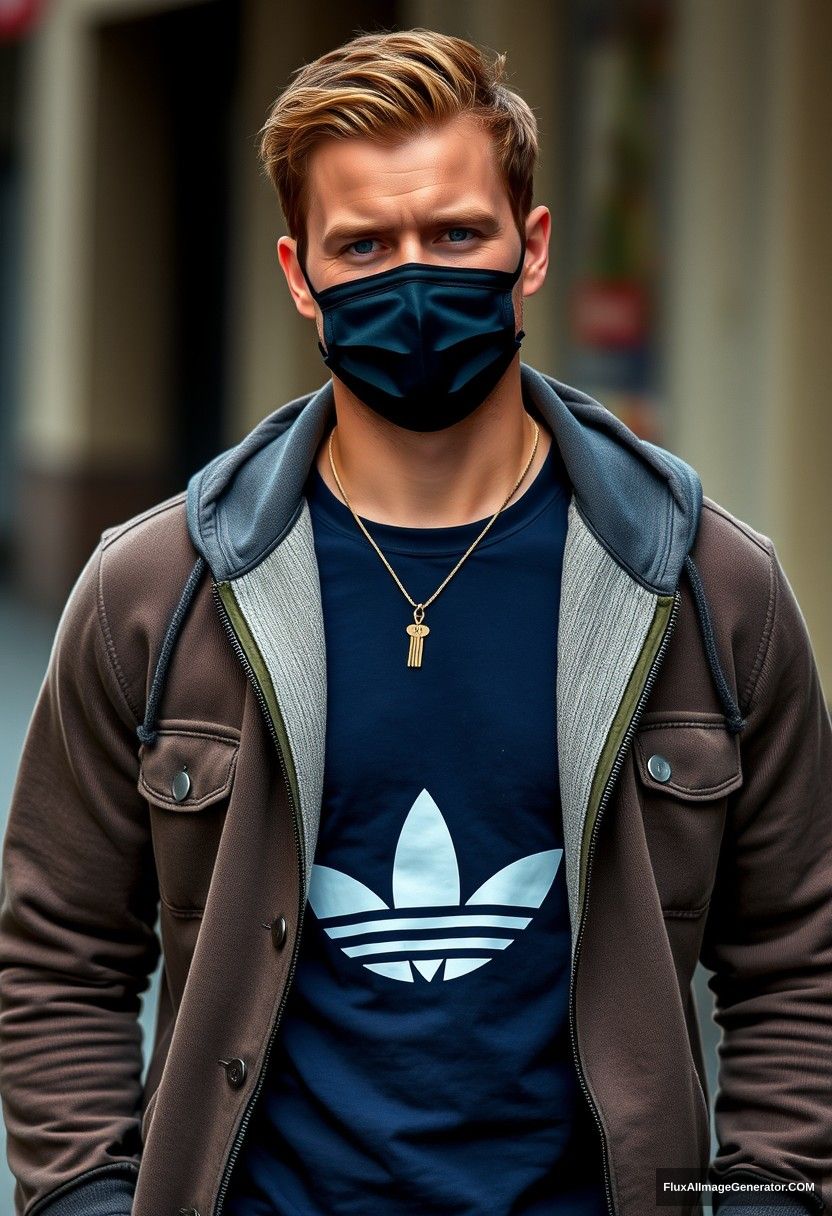 Jamie Dornan, handsome, blue eyes, wearing army pendant, black face mask, dark blue adidas t-shirt, sweater jacket, jeans, black sneakers, fit body, photorealistic, street photography, full photography. - Image