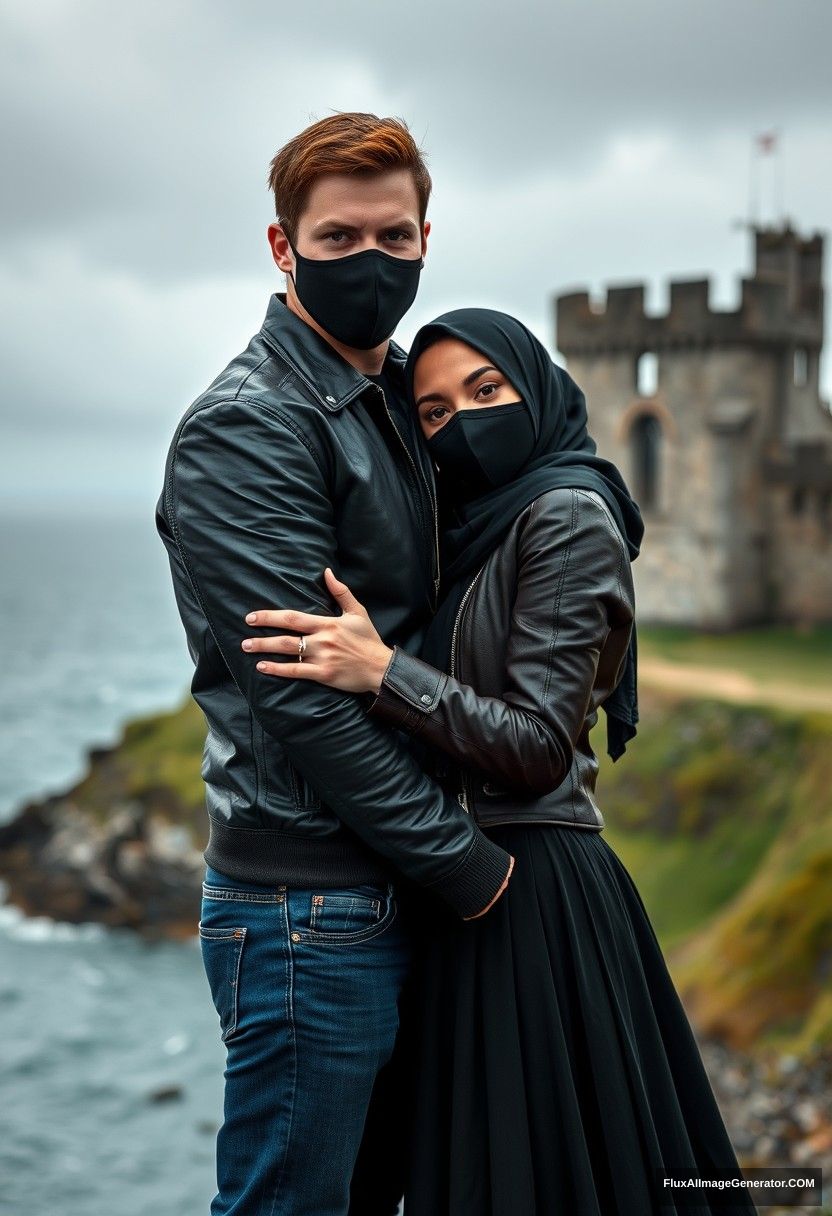 Jamie Dornan's head and body shot, handsome, youngest, face mask black, black leather jacket, jeans, dating, love with the biggest black hijab Muslim girl, not tall, beautiful eyes, face mask, maroon leather jacket, biggest black skirt, leaning on his shoulder, hyper-realistic, studio photography, full body photo, explore at abandoned castle, at sea, gloomy scenery.