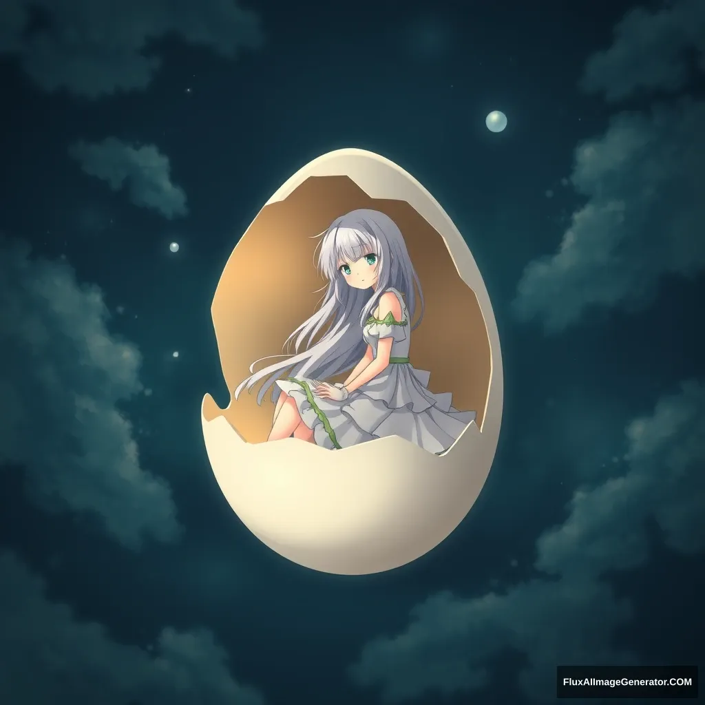 "A white-haired anime girl on the moon inside an eggshell."