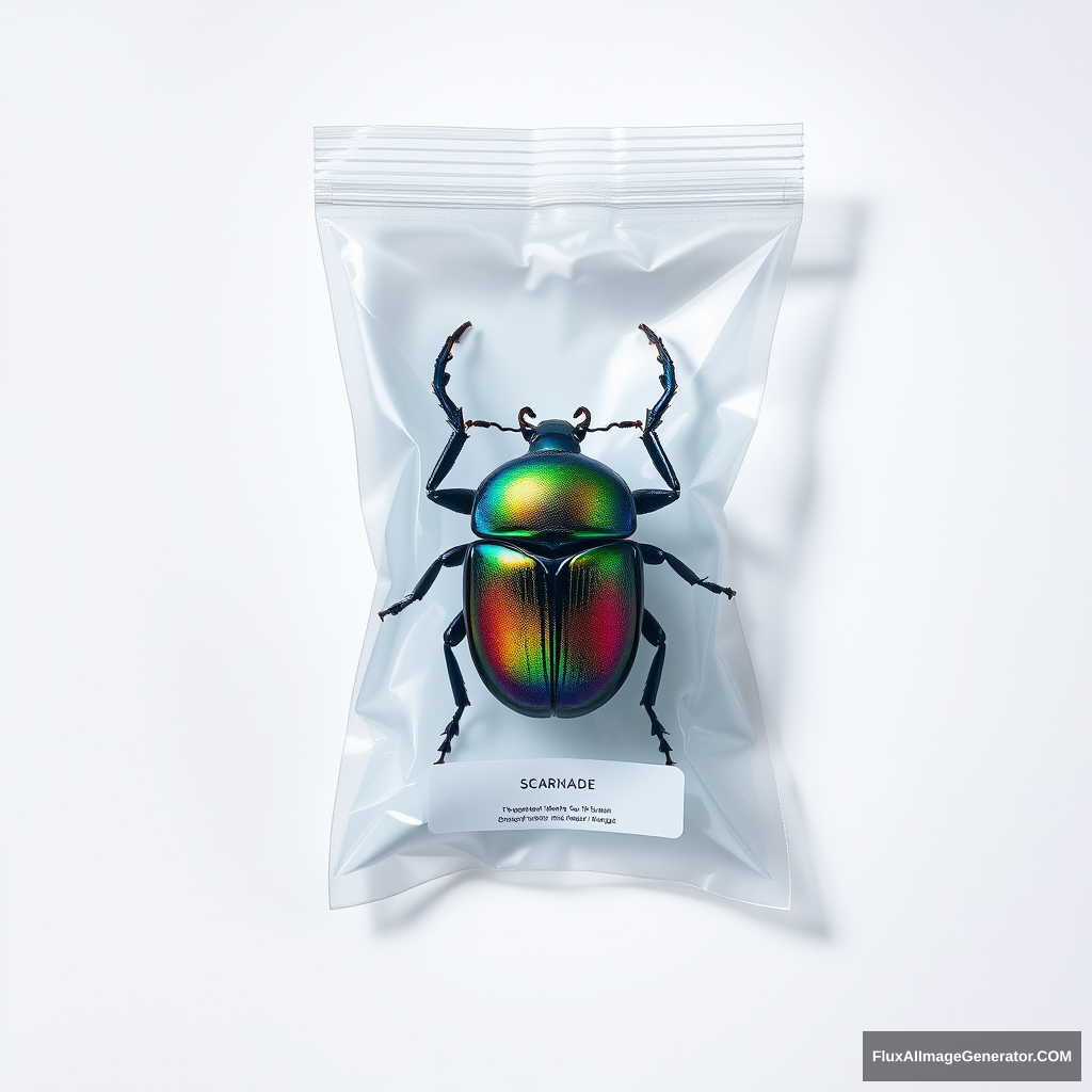 A top-down view captures a vibrant scarab beetle encased in a transparent vacuum bag, adorned with a sleek graphic design label. The sharp focus highlights intricate details of the beetle's iridescent shell against a pristine white background, enhanced by soft studio lighting that creates subtle shadows, emphasizing depth and texture.