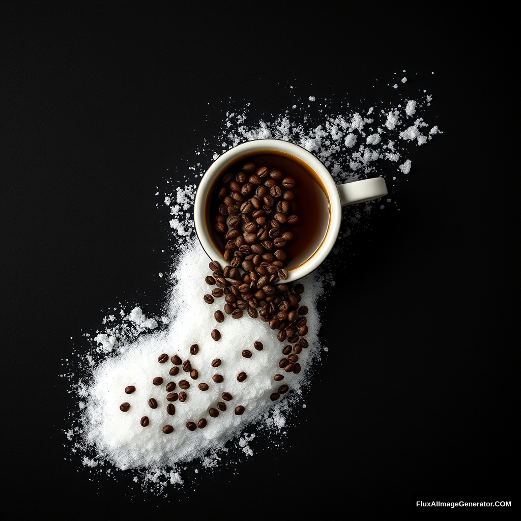 A dark background with a pile of sugar spilling like flowing water leading to a coffee cup, where coffee grains float forming a unique pattern resembling the tracks of a creeping animal.