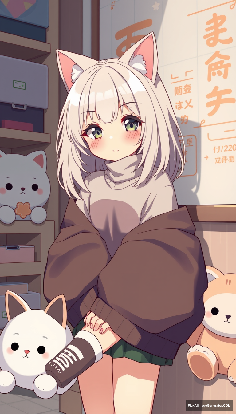 kawaii anime girl cel shading and oversized clothes. plushies. cat-like girl. - Image