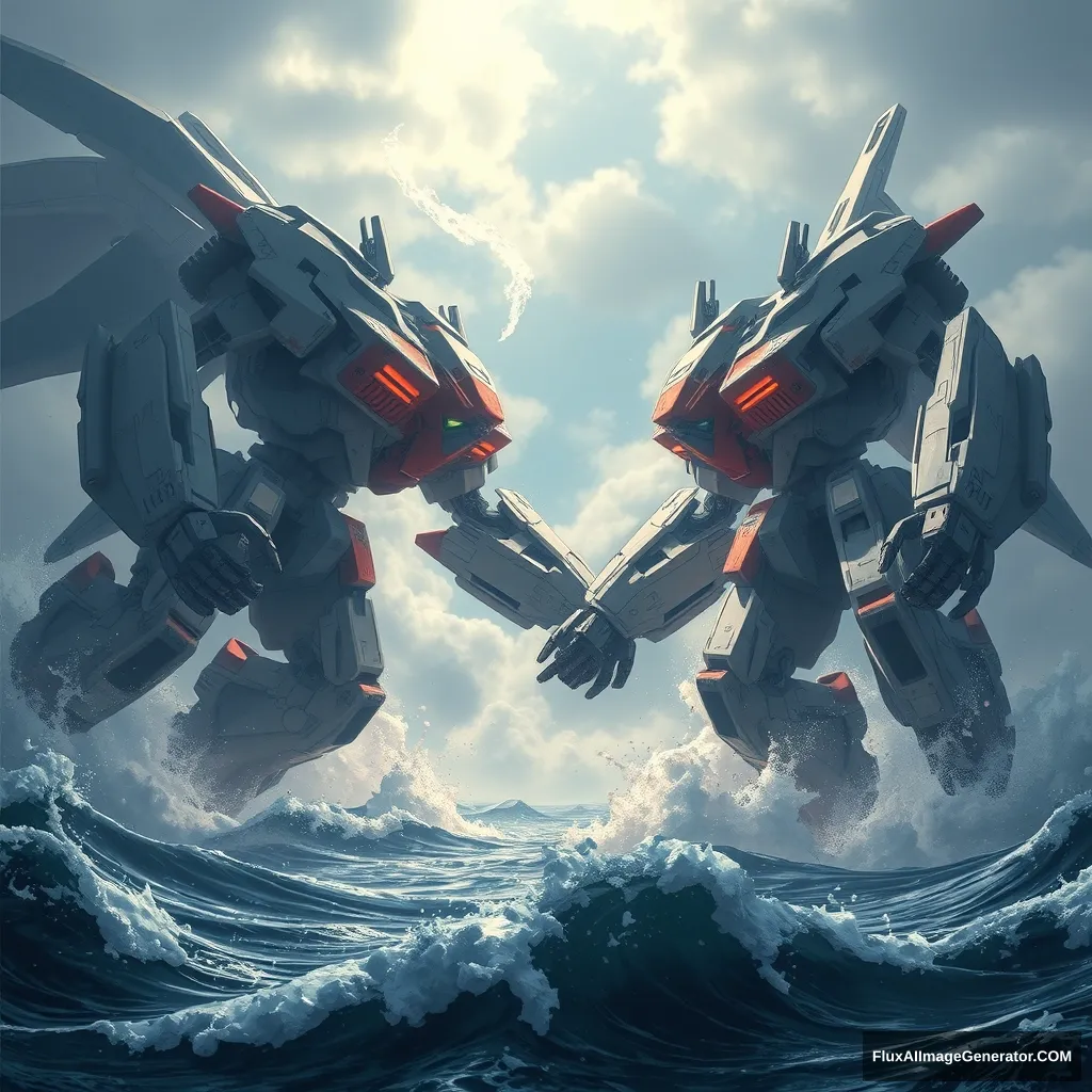 Two gigantic combat robots fighting each other on the sea with huge tides.