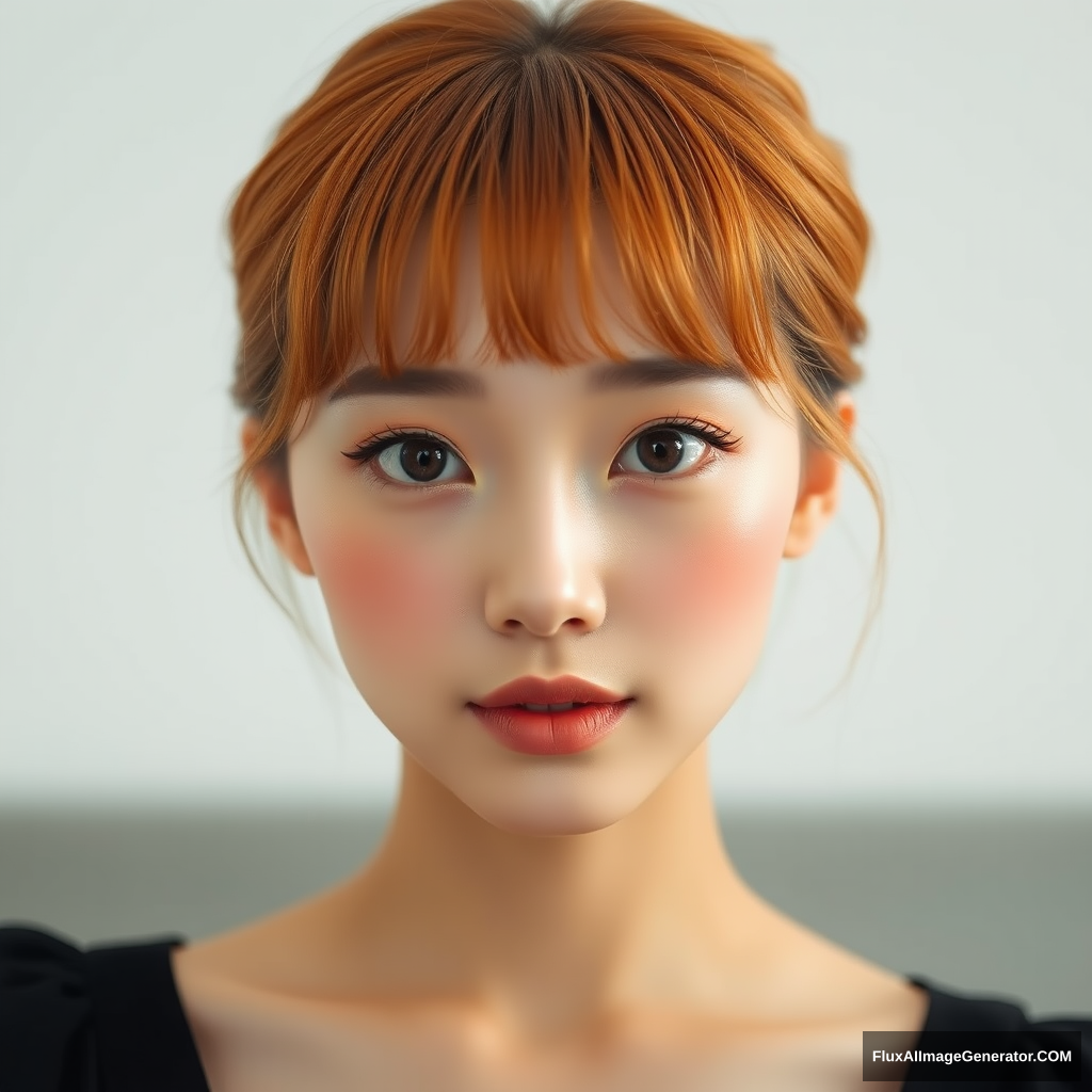 Portrait of a stunningly beautiful young Korean woman with golden ratio facial features, Ulzzang makeup style, Tangerine Mullet hairstyle, large expressive eyes, soft gradient eye shadow, subtle winged eyeliner, long lashes, straight eyebrows, dewy glowing skin, peach-toned blush, glossy lips, perfect facial symmetry, harmonious facial proportions, short layered hair on top, longer hair at the back, face-framing bangs, warm orange hair color, soft studio lighting, high-resolution image, dreamy atmosphere.