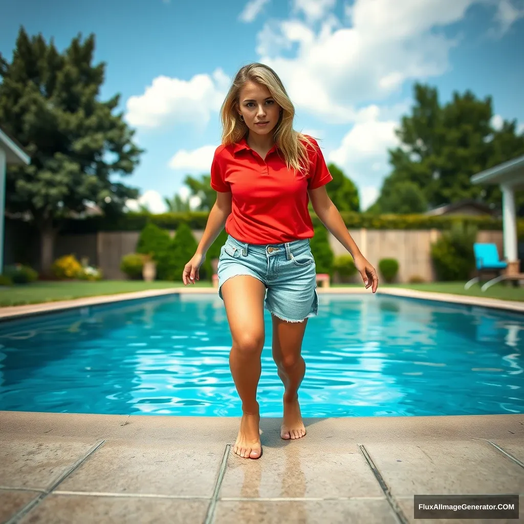 Front view of a young blonde skinny woman with a good tan in her early twenties, in her massive backyard wearing an oversized red polo t-shirt, slightly off balance on one shoulder, with the bottom part untucked. She is also wearing medium-sized light blue denim shorts and no shoes or socks, as she dives head first into her pool.