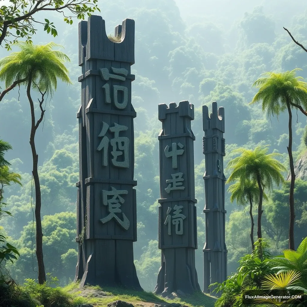 The Chinese characters "Wuyi" stand tall in the primitive jungle.