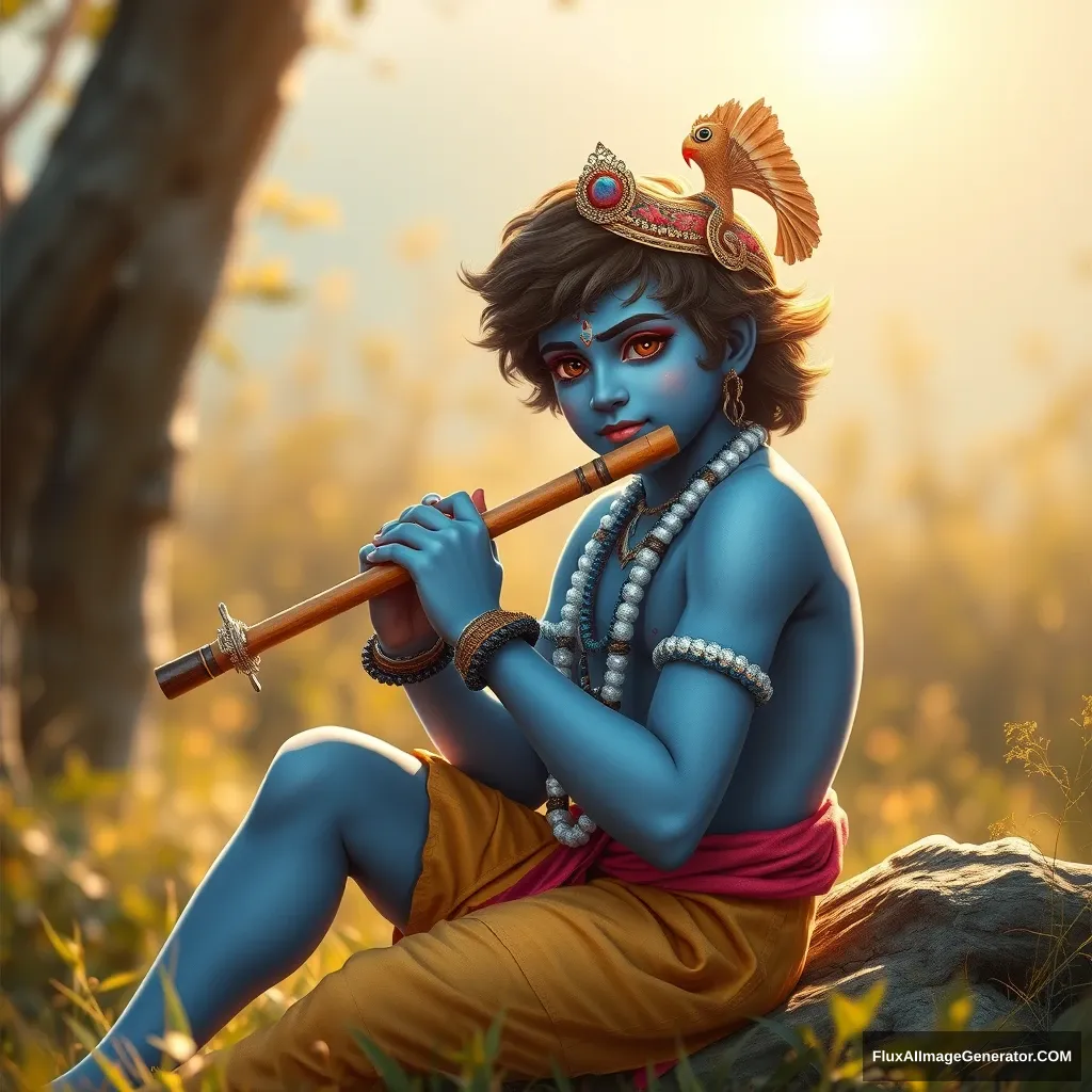 young boy Krishna, 20 years old (blue skin), playing flute, nature, sun, sitting - Image