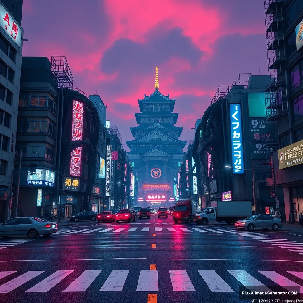 A cyberpunk style video game concept, two-point perspective, Tokyo city view, Shibuya Scramble Crossing, buildings are corrupted by many giant vines, night scene, crosswalk line, abandoned cars and trucks, blue and purple neon lights, Japanese Edo Castle, sky is dyed red, Unreal Engine, PBR rendering. - Image