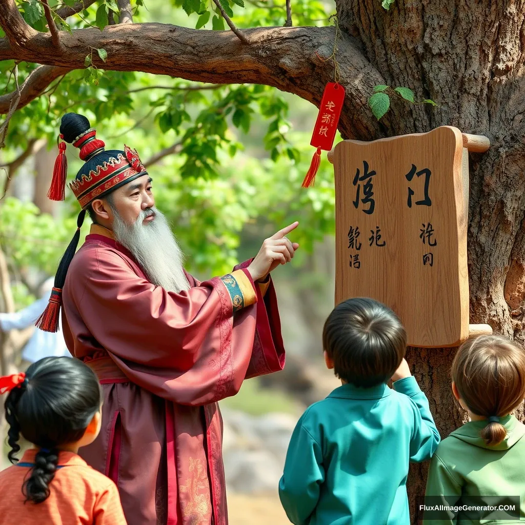 A Chinese person, dressed in Tang Dynasty clothing, is holding a tree branch and pointing at a wooden board hanging on a tree while teaching a lesson to children. - Image