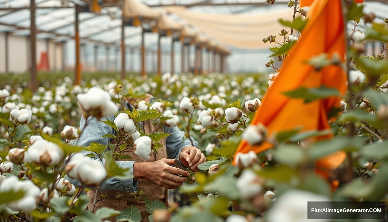 Worker inspecting organic cotton plants or recycled fabric production.