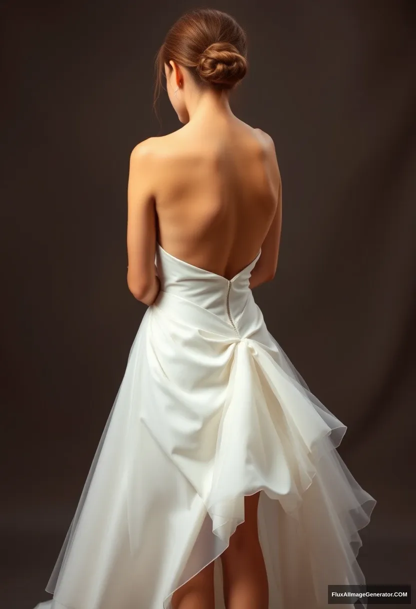 A short young woman, sensitive, delicate, ashamed, wearing a backless, strapless, side-less, low-waisted, open-back contouring wedding dress with a too-loose top that seems like it's spilling, in front of patriarchy, expectations.