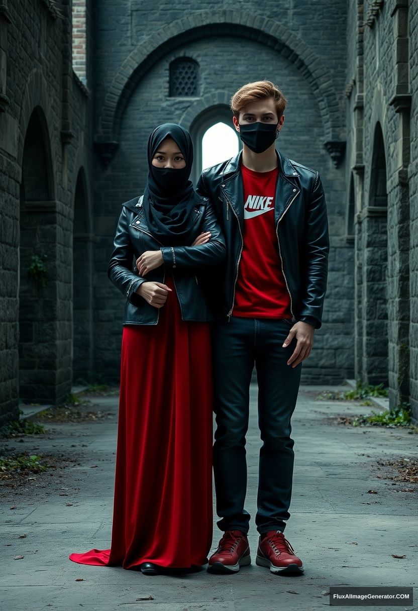 A biggest black hijab girl, beautiful eyes, face mask black, black leather jacket, biggest red longest dress, not tall, standing near him and love, holding his arm,

Jamie Dornan, handsome, youngest, face mask black, fit and tough body, Nike red t-shirt, black leather jacket, jeans, red sneakers, tall man, standing near her

Hyper realistic, photorealistic, studio photography, Victoria's abandoned castle, gloomy.