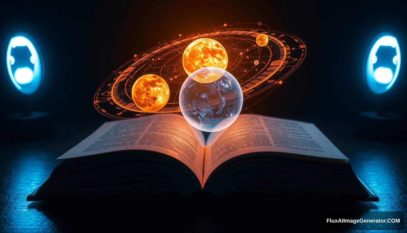 An opened book with holographic projection on it, showing the solar system.