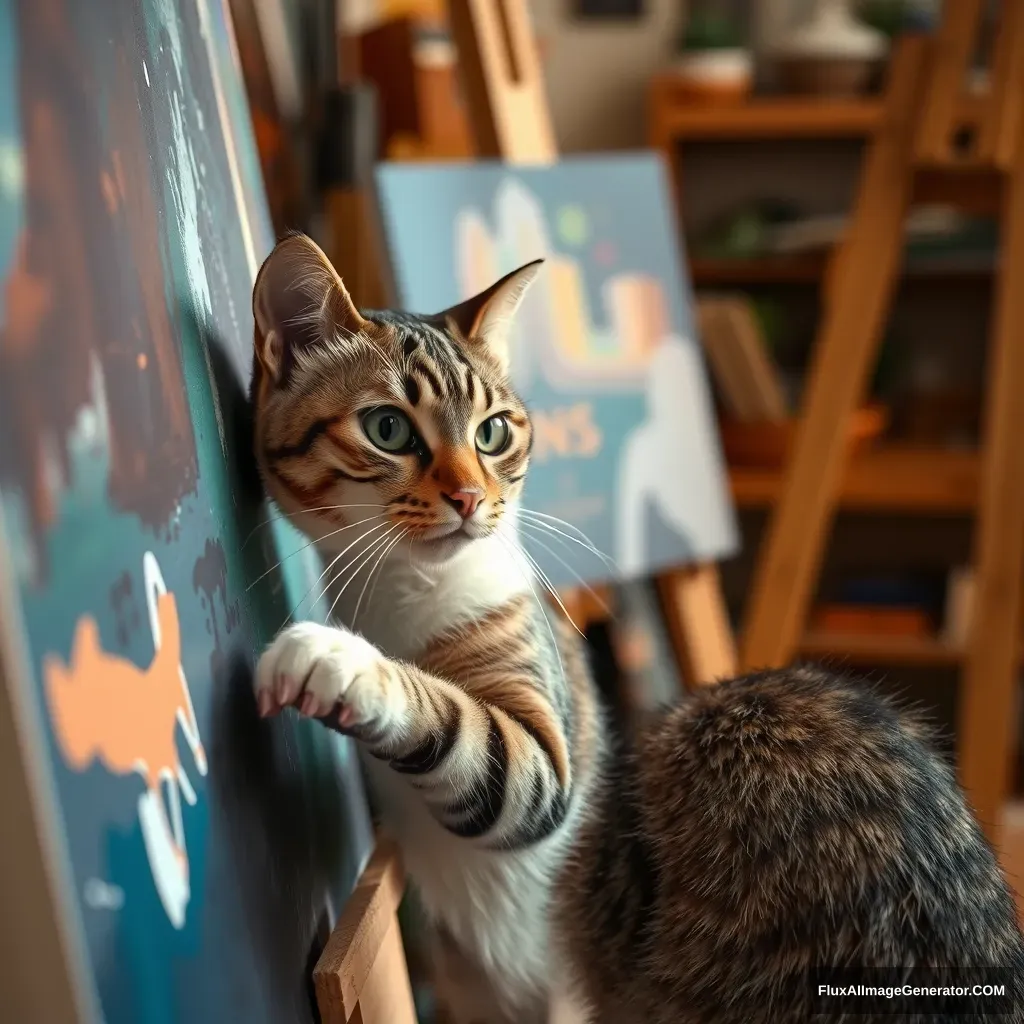 A cat meticulously painting a canvas, brush in paw, in a cozy art studio.