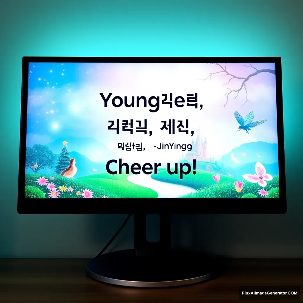 A monitor with a pretty fairy tale background, and the words inside it. Younghee, Minjoo, JinYoung, cheer up! Place the text to match the background picture.