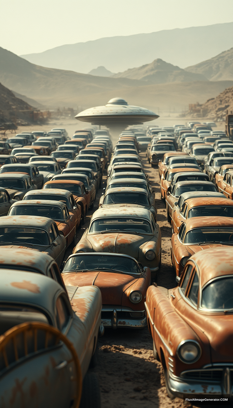 Create a surreal vintage scene set in an old, dusty car junkyard filled with classic cars from the 1950s and 1960s. Among the rows of rusty, weathered cars, include a distinct, slightly aged flying saucer (UFO) parked inconspicuously. The setting should have a desert-like, arid atmosphere with a light, dusty haze, and a mountainous or hilly background. Ensure the cars and the UFO appear worn and abandoned, blending seamlessly into the environment. The overall color palette sh. - Image