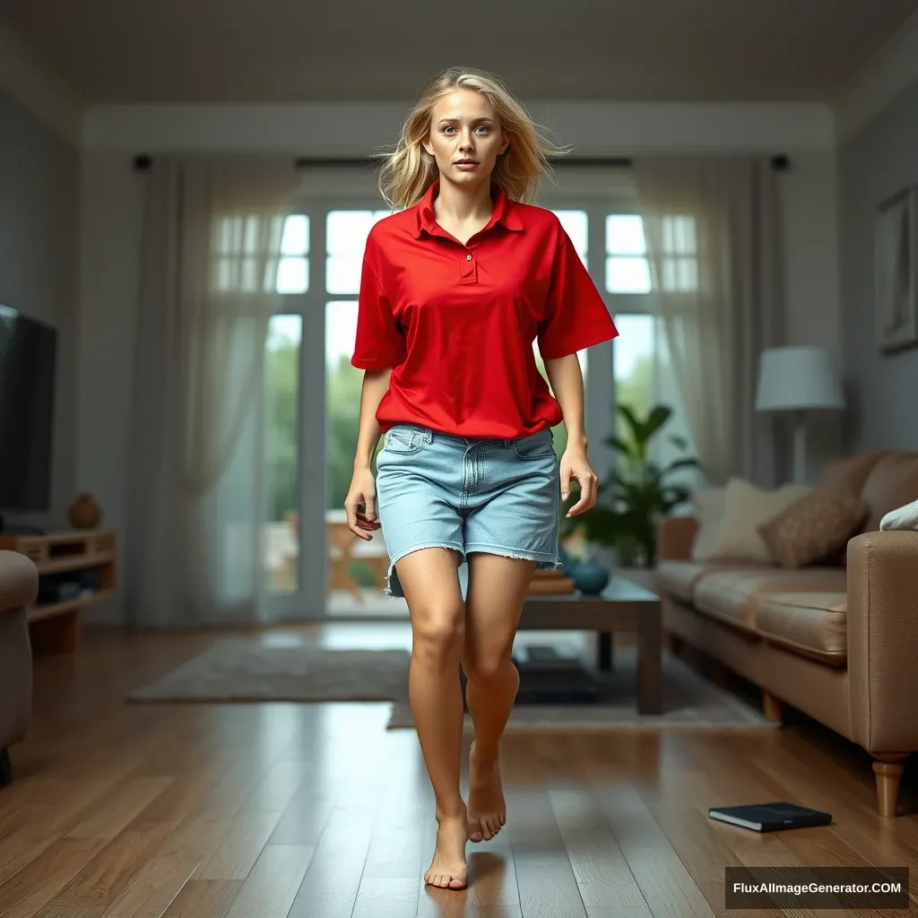 A front view of a blonde, slim woman in her early twenties stands in her large living room. She is wearing a massively oversized red polo shirt that hangs unevenly from one shoulder and is untucked. Additionally, she has on light blue denim shorts and is barefoot, with no shoes or socks. Facing the camera, she looks scared and runs toward it with both arms hanging straight down. - Image