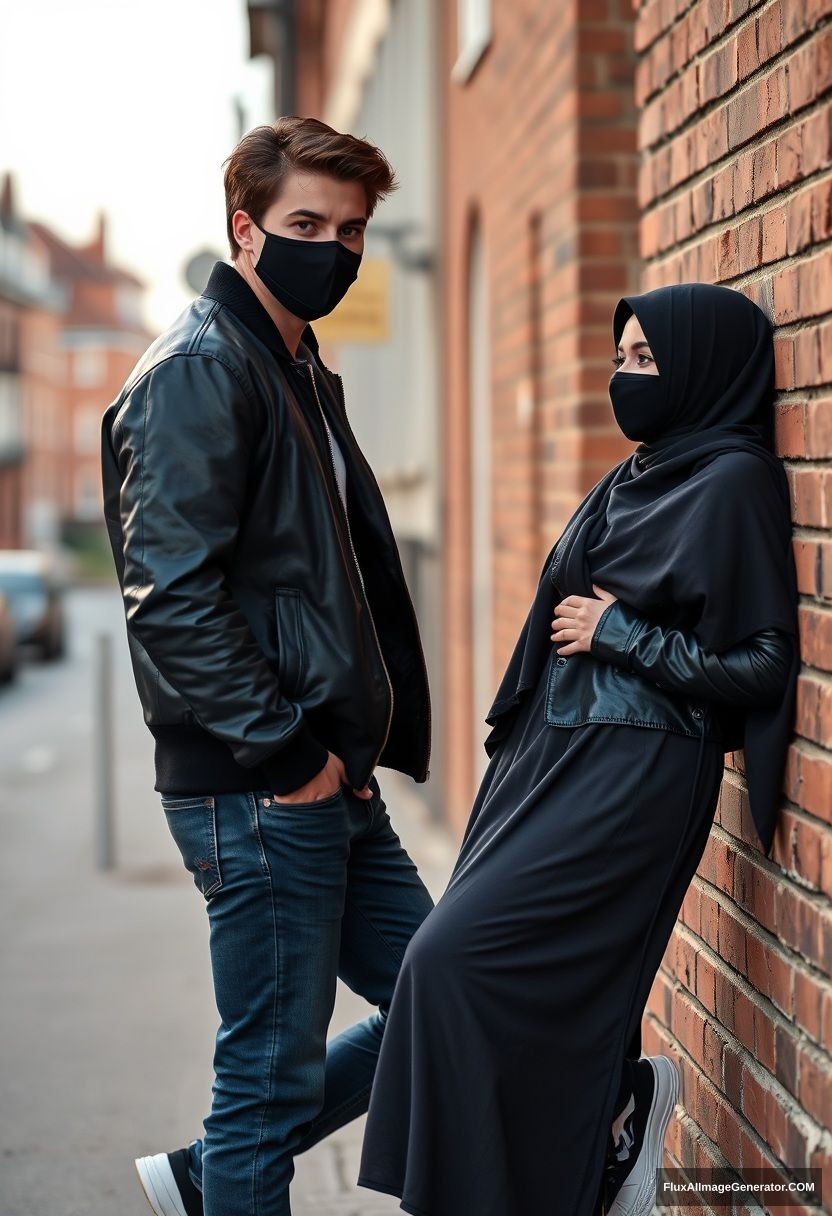 Jamie Dornan, handsome, young, black face mask, collage jacket, jeans, dating a beautiful romantic Muslim girl wearing a big black hijab, with beautiful eyes, black face mask, black leather jacket, sneakers, a long skirt standing while lying against a brick wall, in a town, morning scenery, photorealistic, street photography. - Image