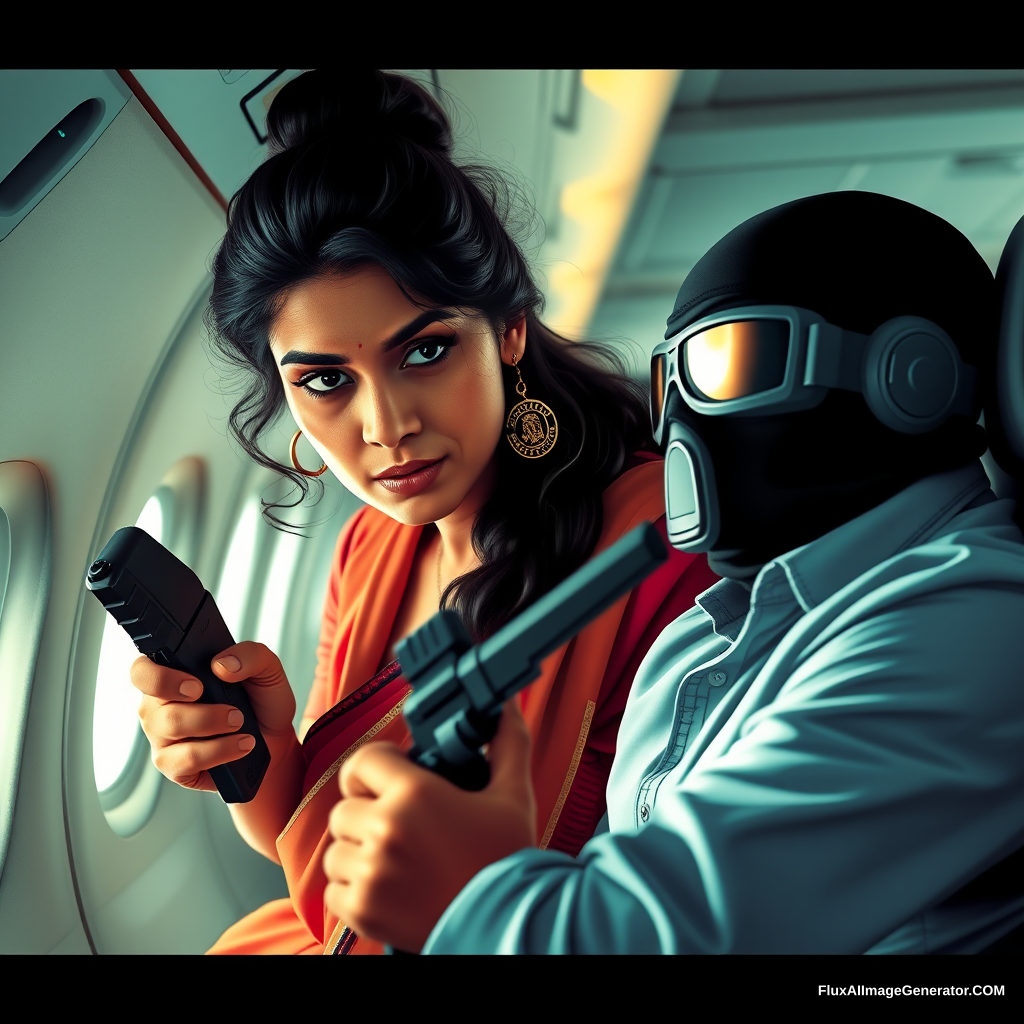 An Indian lady fighting a terrorist on an American airliner. Also show the terrorist in the image. Additionally, make her look serious. - Image