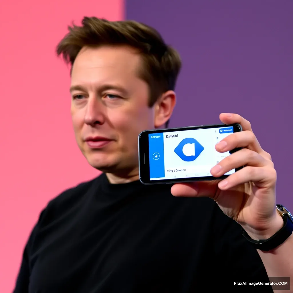 Elon Musk holds a phone, and the phone screen shows the KainoAI app; the app has a blue style. - Image