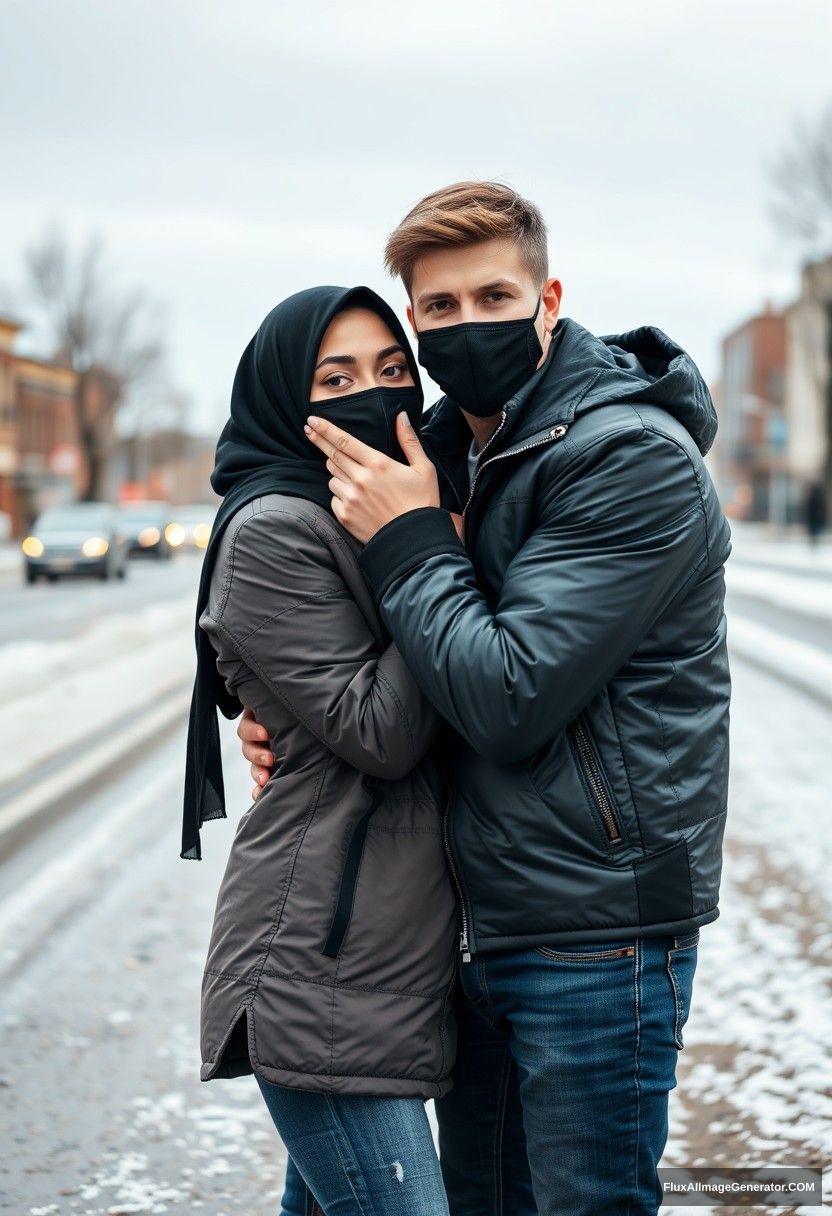 Jamie Dornan, handsome young man, wearing a black face mask, snow jacket, and jeans, is dating a beautiful Muslim girl in a black hijab with lovely eyes. They are both wearing face masks—him in a black leather jacket—posing together in a winter scenery near a road in town, playfully pinching each other's cheeks. The image is photorealistic, captured in a street photography style.