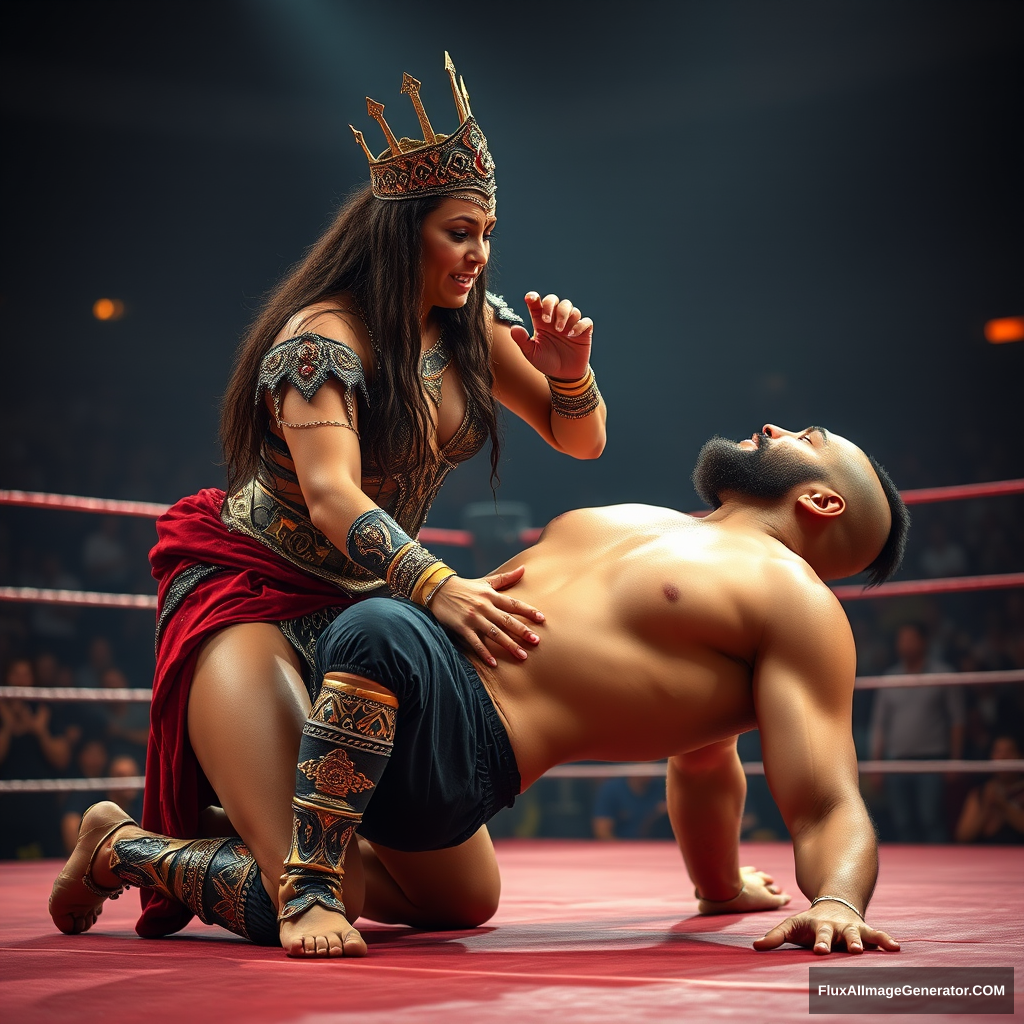 A very very very very very beautiful and gorgeous ancient Queen of wrestling gives a submission move to a man in the middle of the arena. - Image