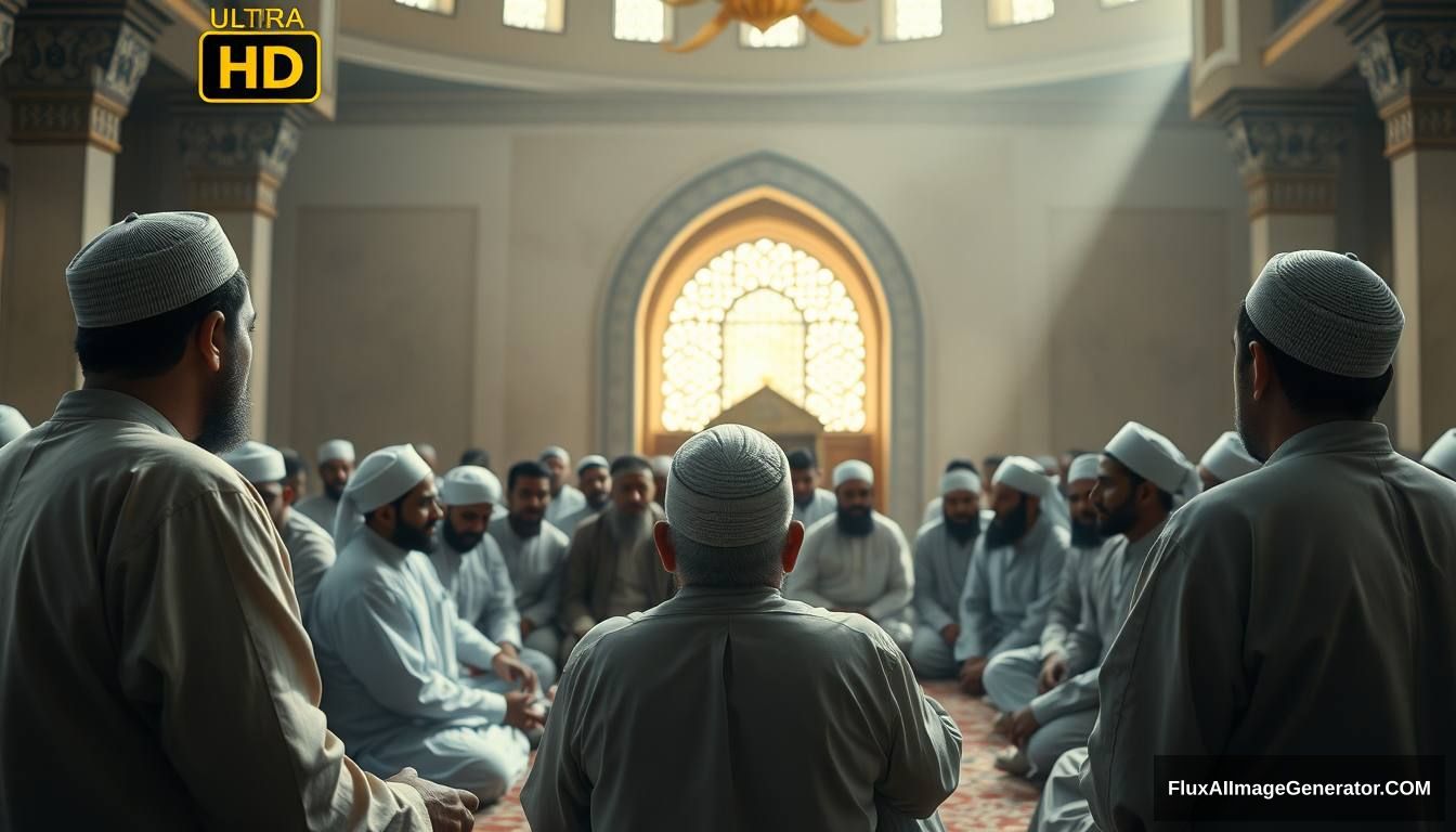 Prophet Muhammad (peace be upon him) addressing his companions in a mosque, explaining the signs of the Dajjal. The scene is filled with calm yet serious expressions, emphasizing the importance of the message. Ultra HD, realistic, respectful, with soft and cinematic lighting. - Image